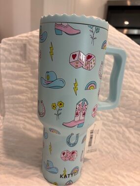 Katydid Light Blue Western Pattern 38 oz Travel Mug with Handle
